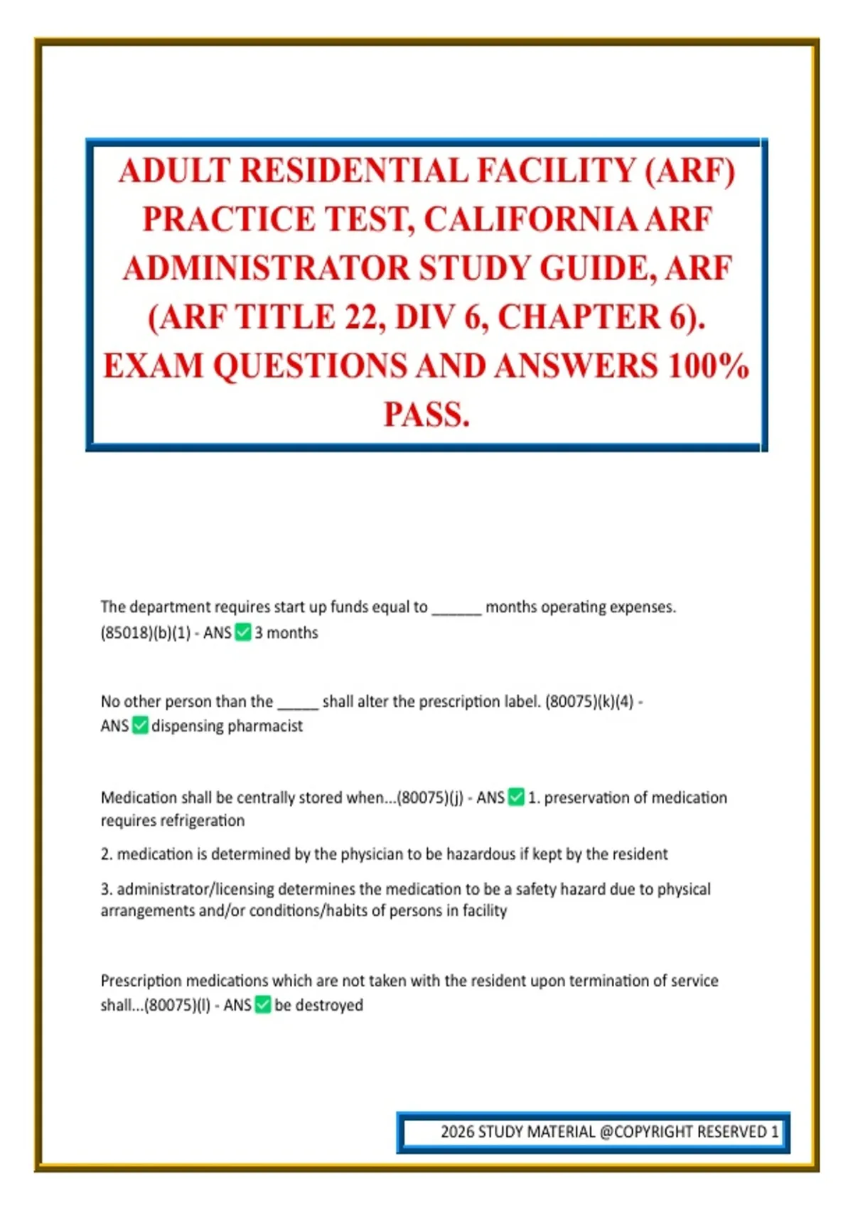 ADULT RESIDENTIAL FACILITY (ARF) PRACTICE TEST, CALIFORNIA ARF ...