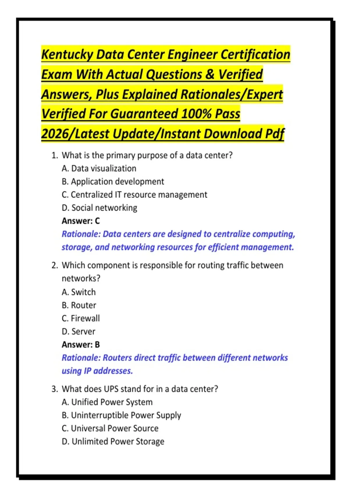 Engineer Certification Test Kentucky Data Center Engineer Certification Exam With Actual Questions ...
