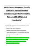 AWWA Pressure Management Specialist  Certification Exam Questions And  Correct Answers &lpar;Verified Answers&rpar; Plus  Rationales 2026 Q&A &vert; Instant  Download Pdf