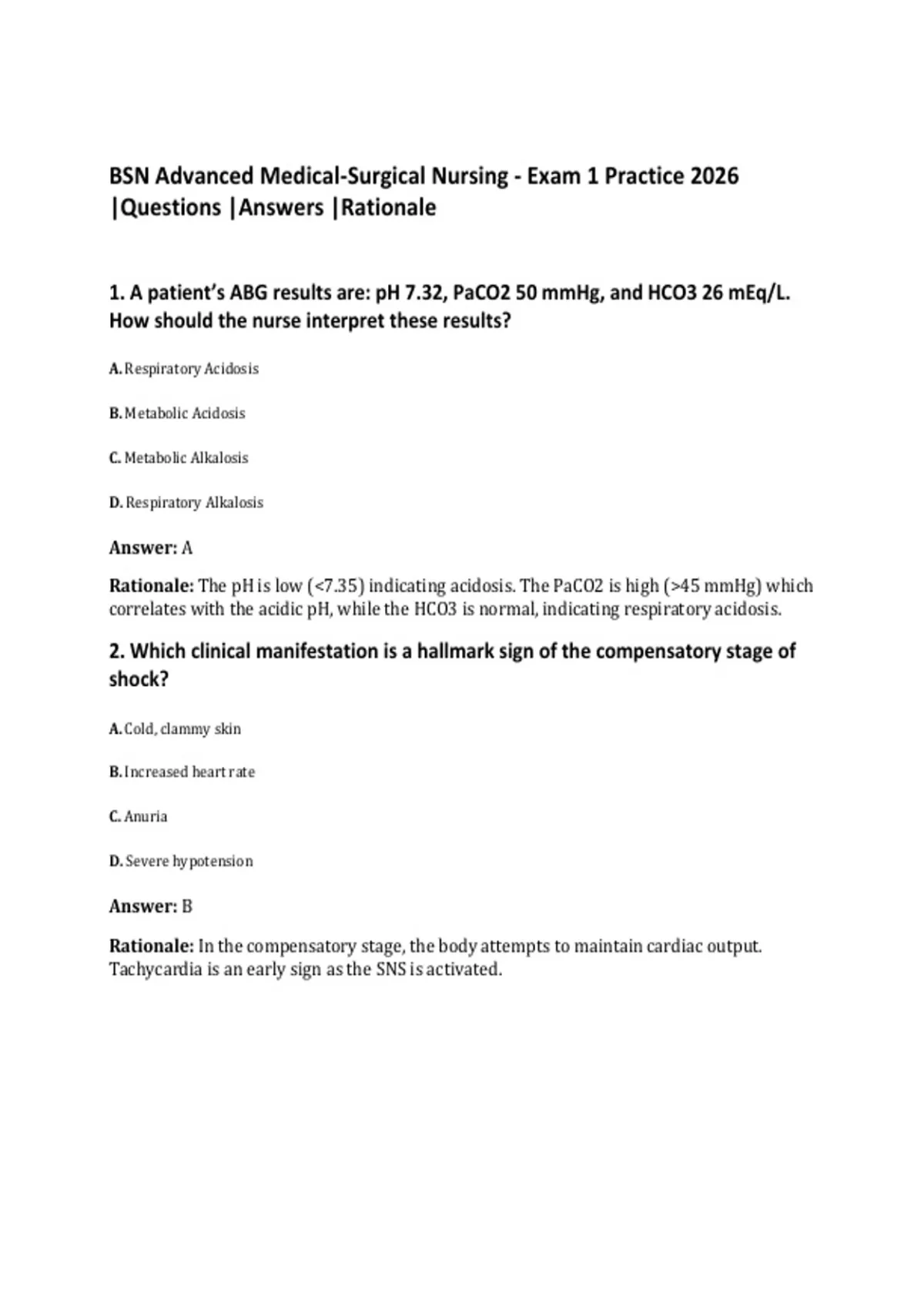 BSN Advanced Medical-Surgical Nursing - Exam 1 Practice 2026 |Questions ...