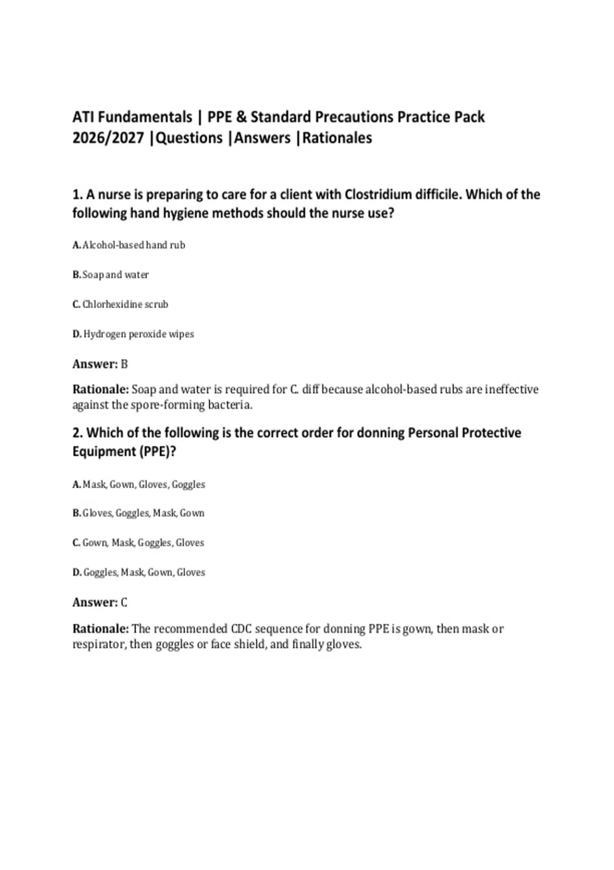 ATI Fundamentals | PPE & Standard Precautions Practice Pack 2026/2027 ...