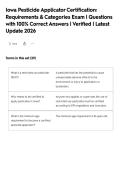 Iowa Pesticide Applicator Certification&colon; Requirements & Categories Exam &vert; Questions with 100&percnt; Correct Answers &vert; Verified &vert; Latest Update 2026