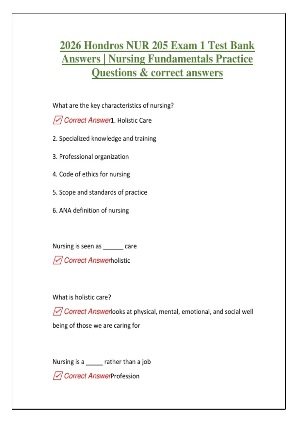 2026 Hondros NUR 205 Exam 1 Test Bank Answers | Nursing Fundamentals ...