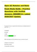Open AZ Statutes and Rules  Exam Study Guide &ndash; Practice  Questions with Verified  Answers&period; GRADED A&plus;&period; Latest  2026&sol;2027 Update&period;  