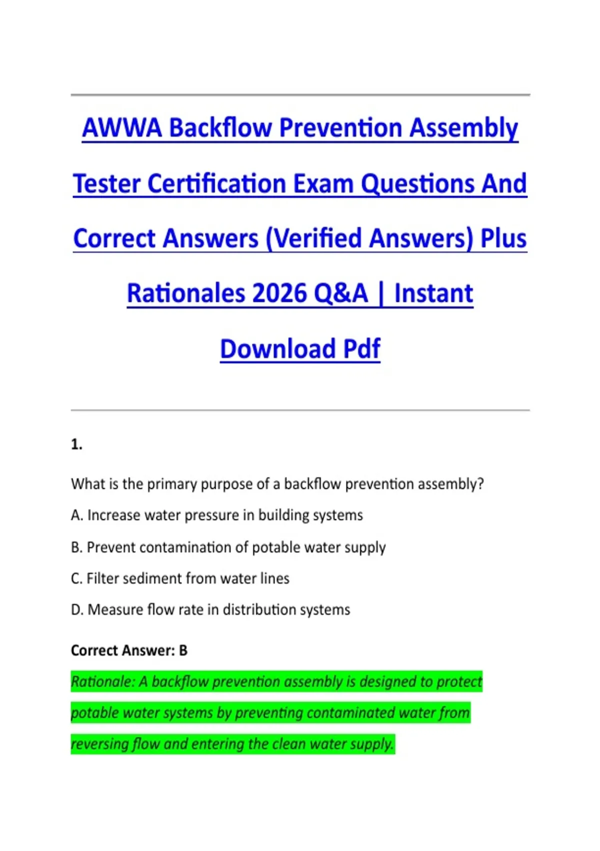 AWWA Backflow Prevention Assembly Tester Certification Exam Questions ...