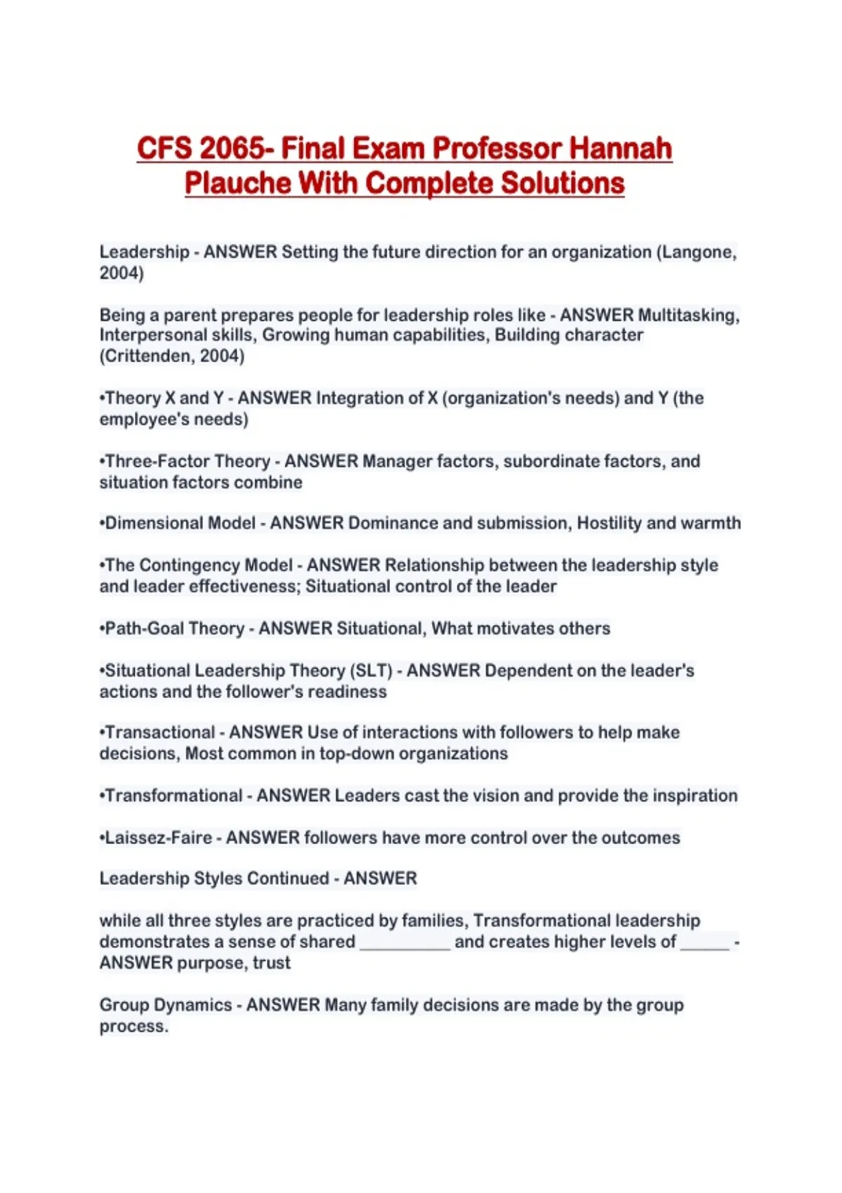 CFS 2065- Final Exam Professor Hannah Plauche With Complete Solutions ...