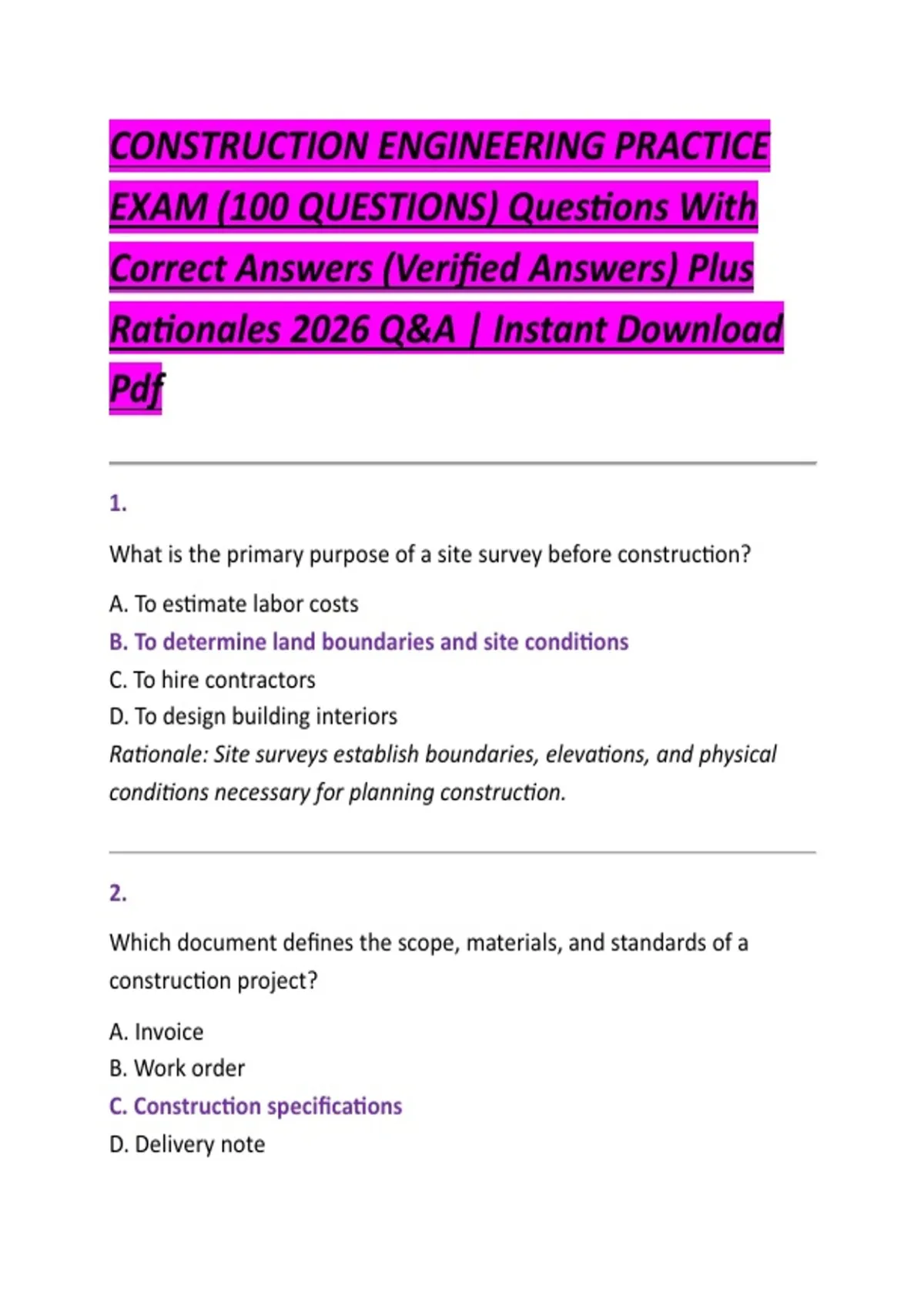 Engineering Test Question Sample Construction Engineering Practice Exam (100 Questions) With Correct ...