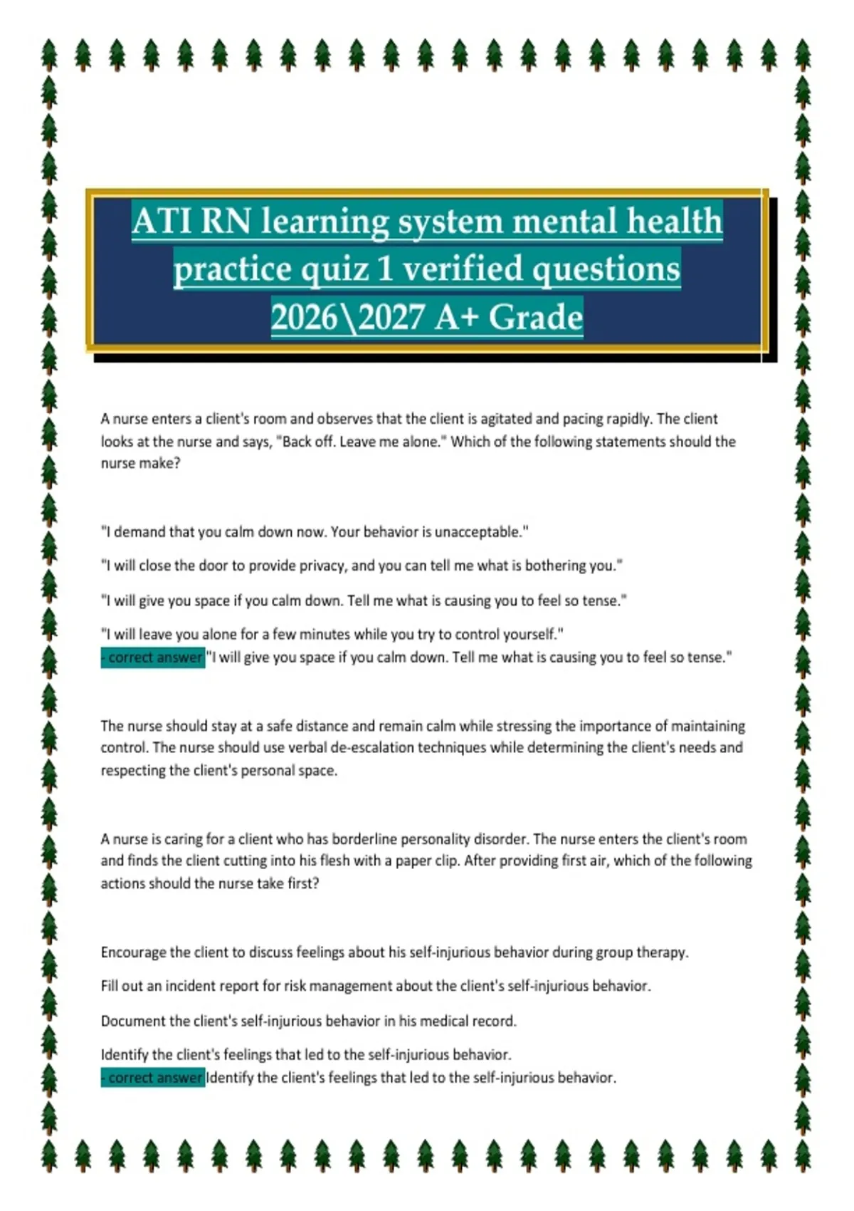 ATI RN Learning System — Mental Health Practice Quiz 1 2026/2027 A+ ...