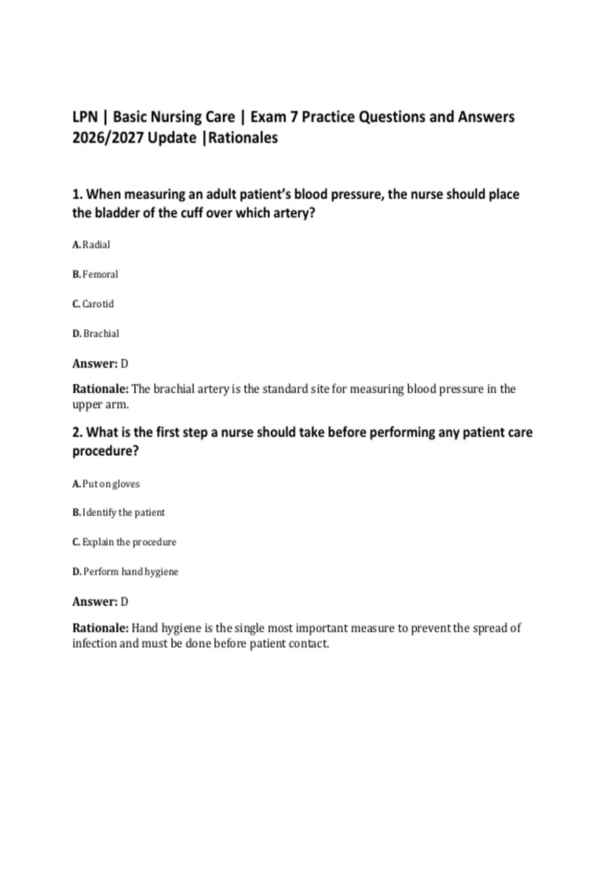 LPN | Basic Nursing Care | Exam 7 Practice Questions and Answers 2026/ ...