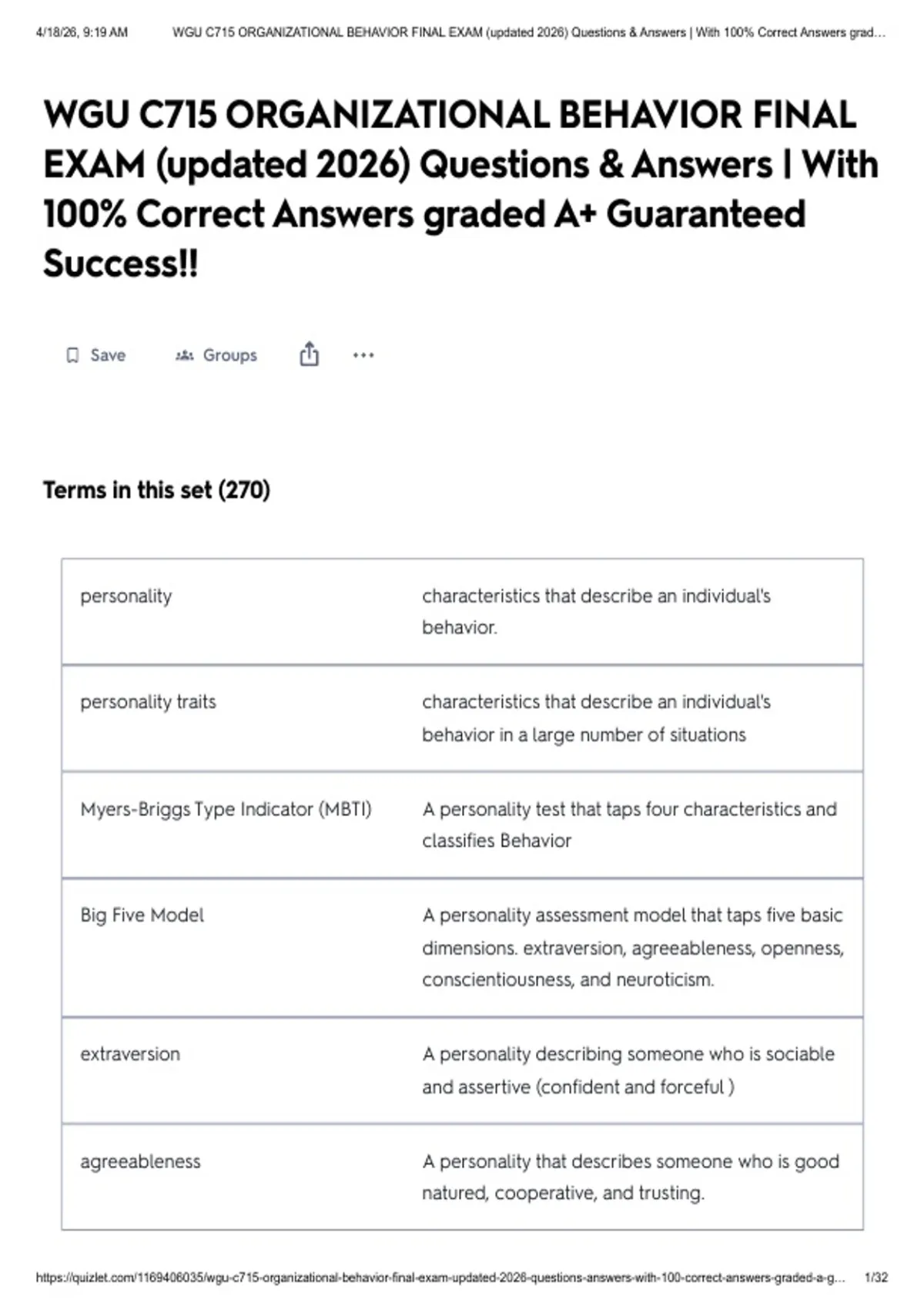 WGU C715 ORGANIZATIONAL BEHAVIOR FINAL EXAM (updated 2026) Questions ...