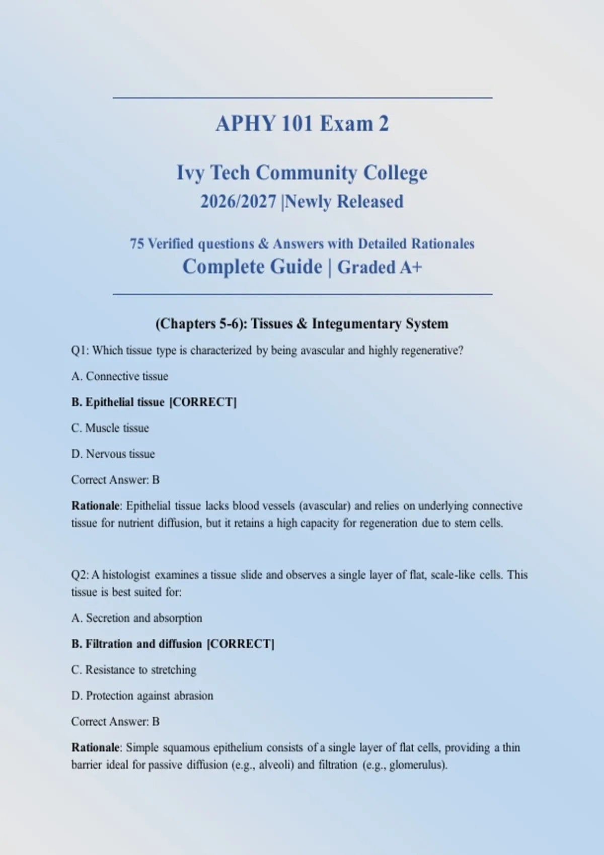 APHY 101 Exam 2 ACTUAL EXAM 2026/2027 | Chapters 5-6: Tissues ...