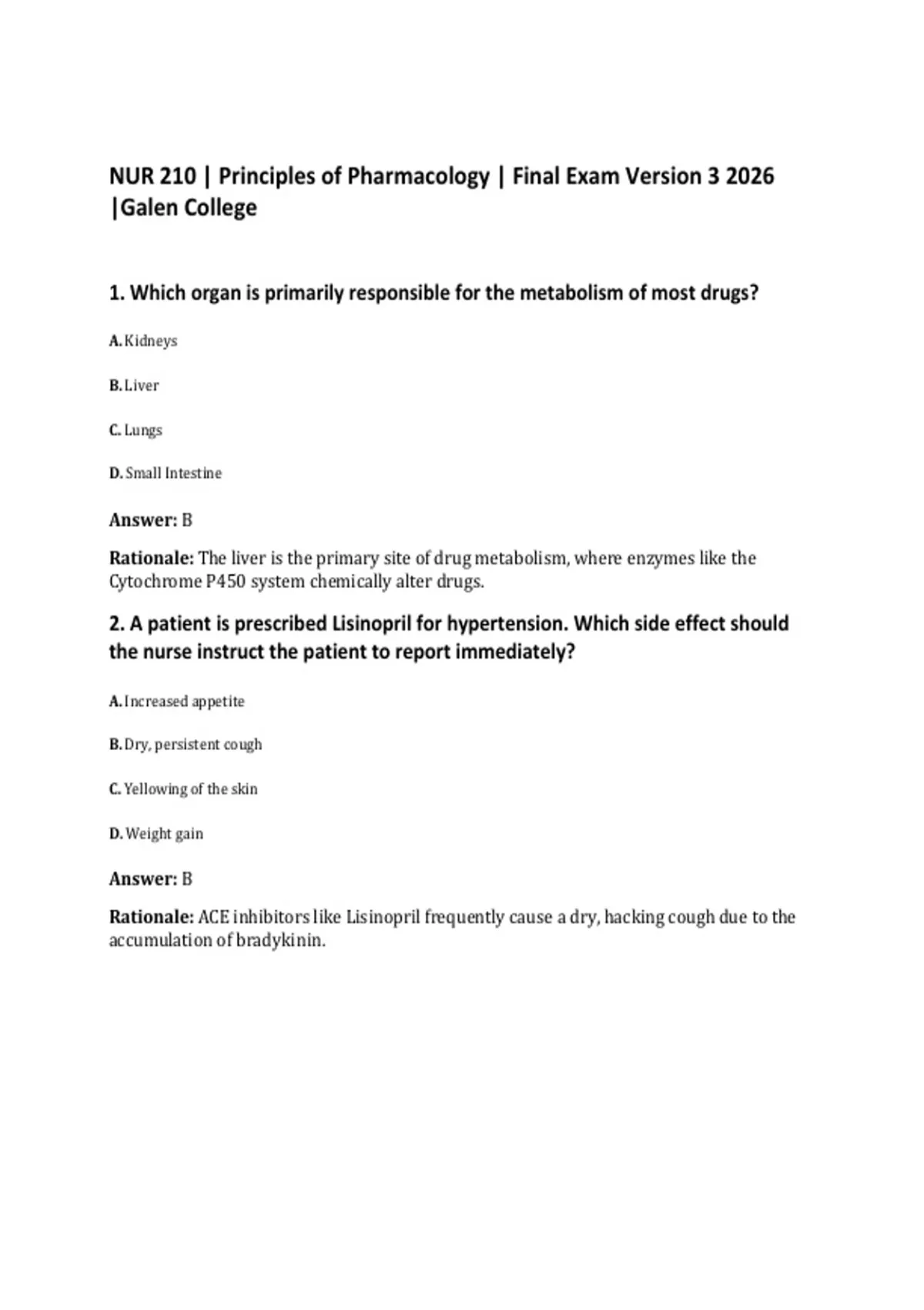 NUR 210 | Principles of Pharmacology | Final Exam Version 3 2026 |Galen ...