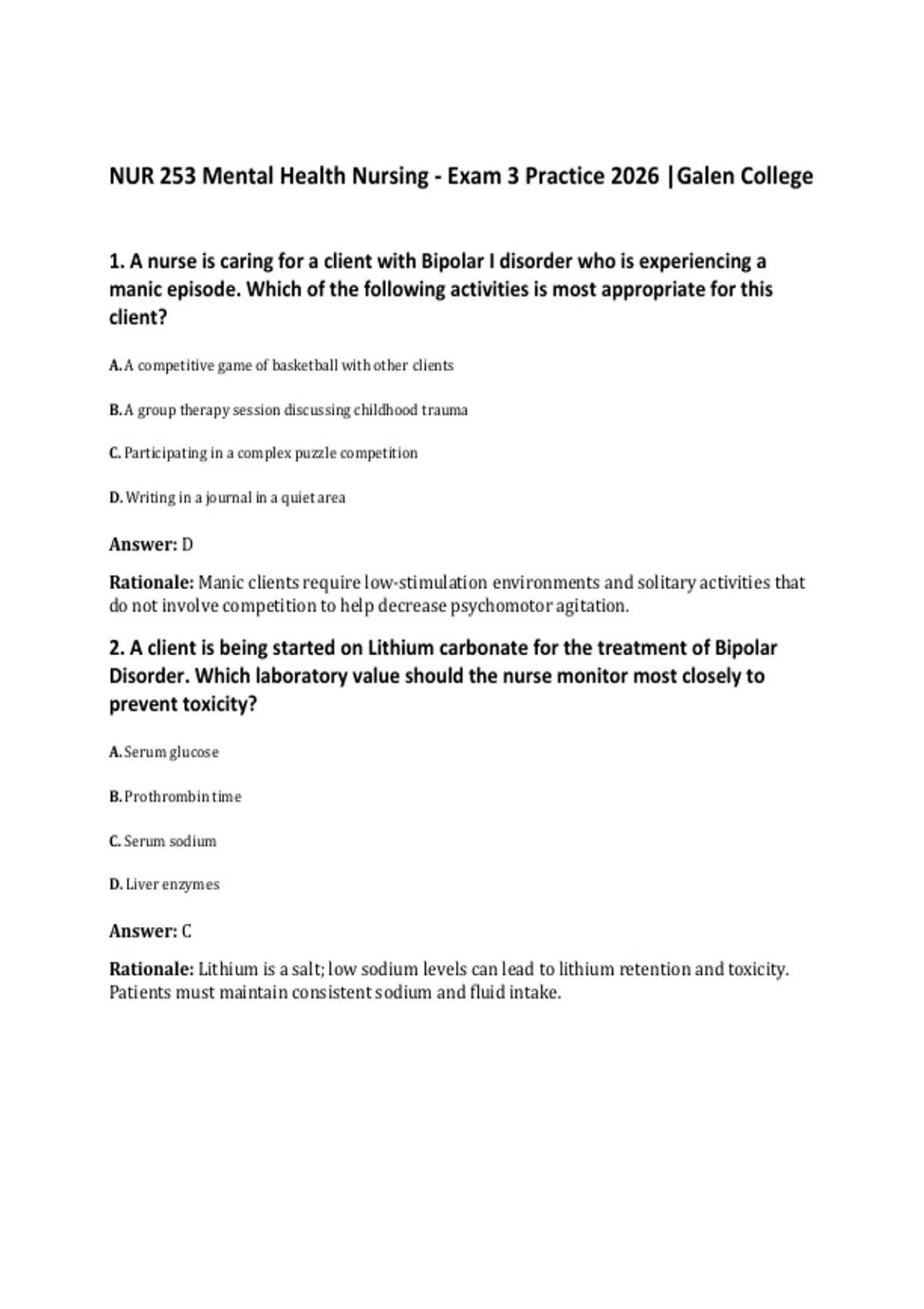 NUR 253 Mental Health Nursing - Exam 3 Practice 2026 |Galen College ...