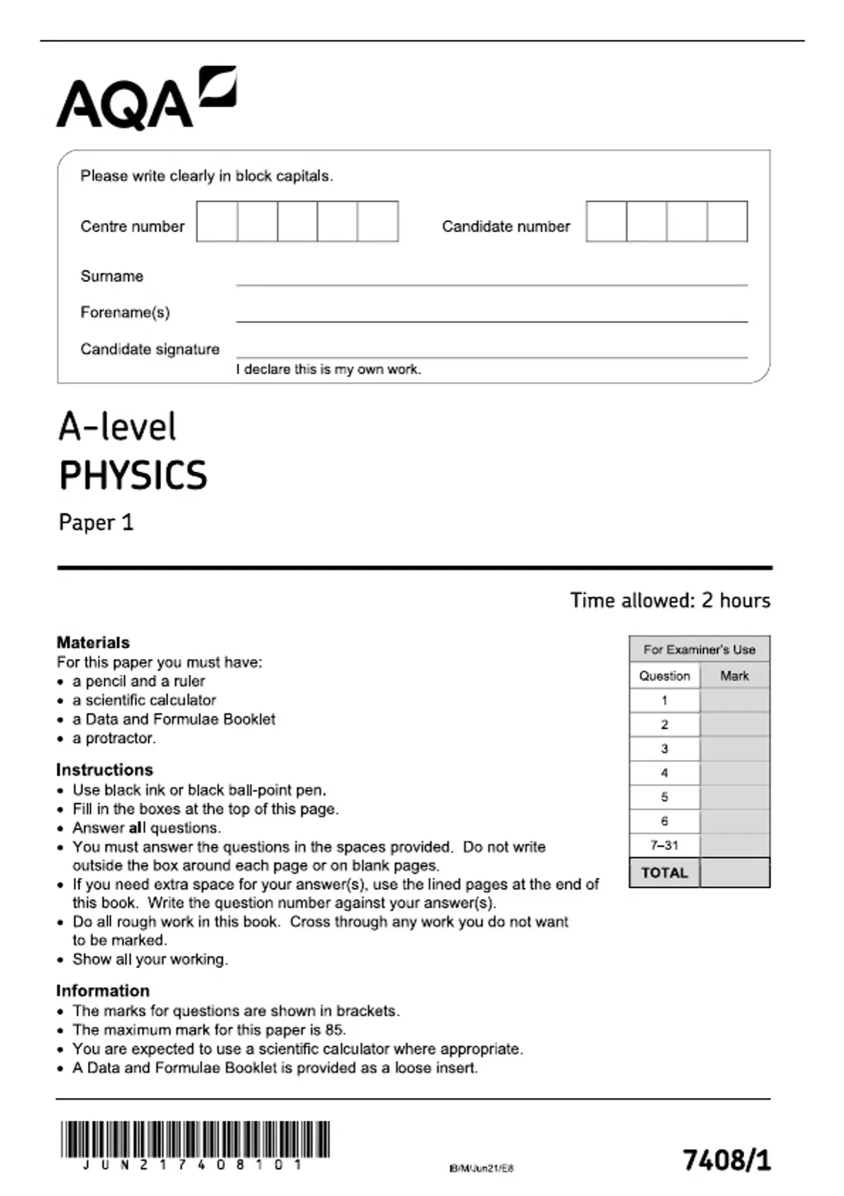 AQA A-Level Physics Paper 1: Practice Exam Questions with Answers and ...