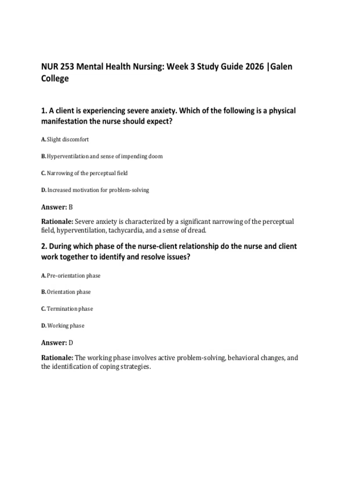 NUR 253 Mental Health Nursing: Week 3 Study Guide 2026 |Galen College ...