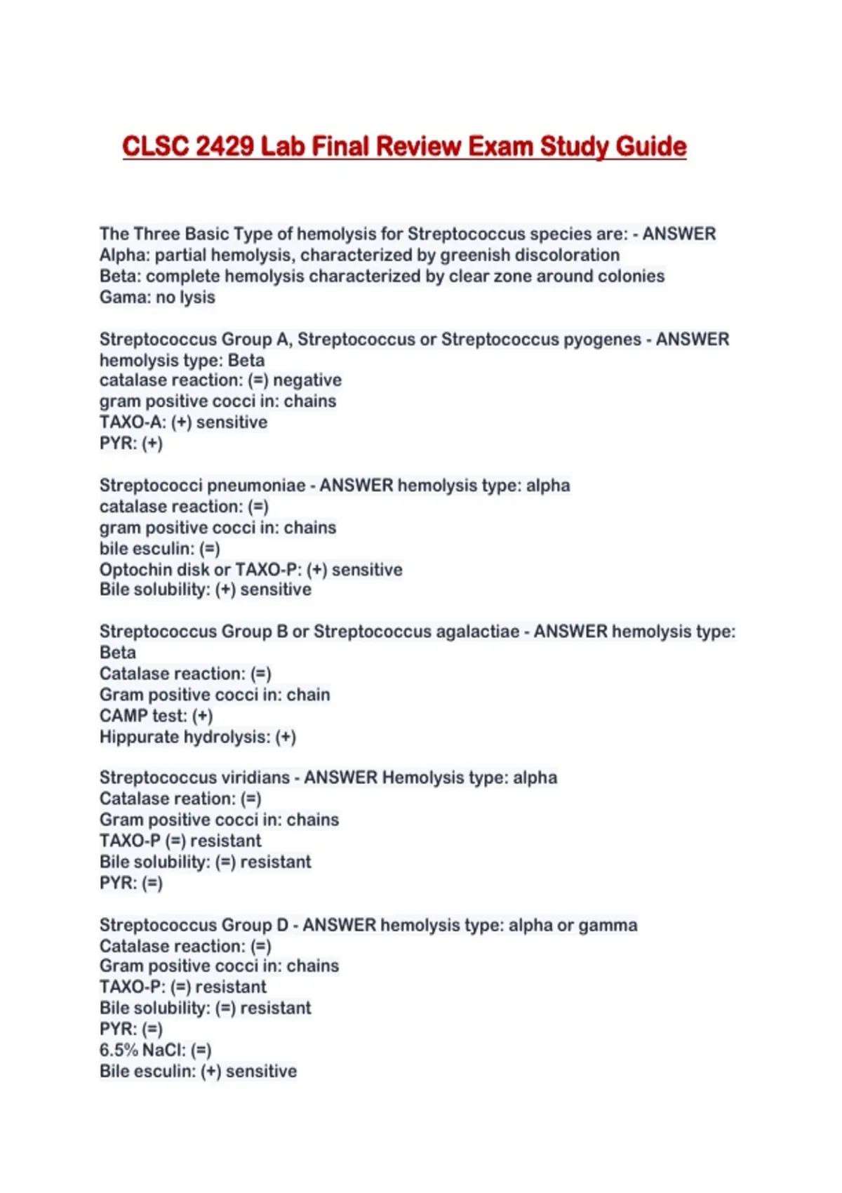 CLSC 2429 Lab Final Review Exam Study Guide - CLSC 2429 - Stuvia US