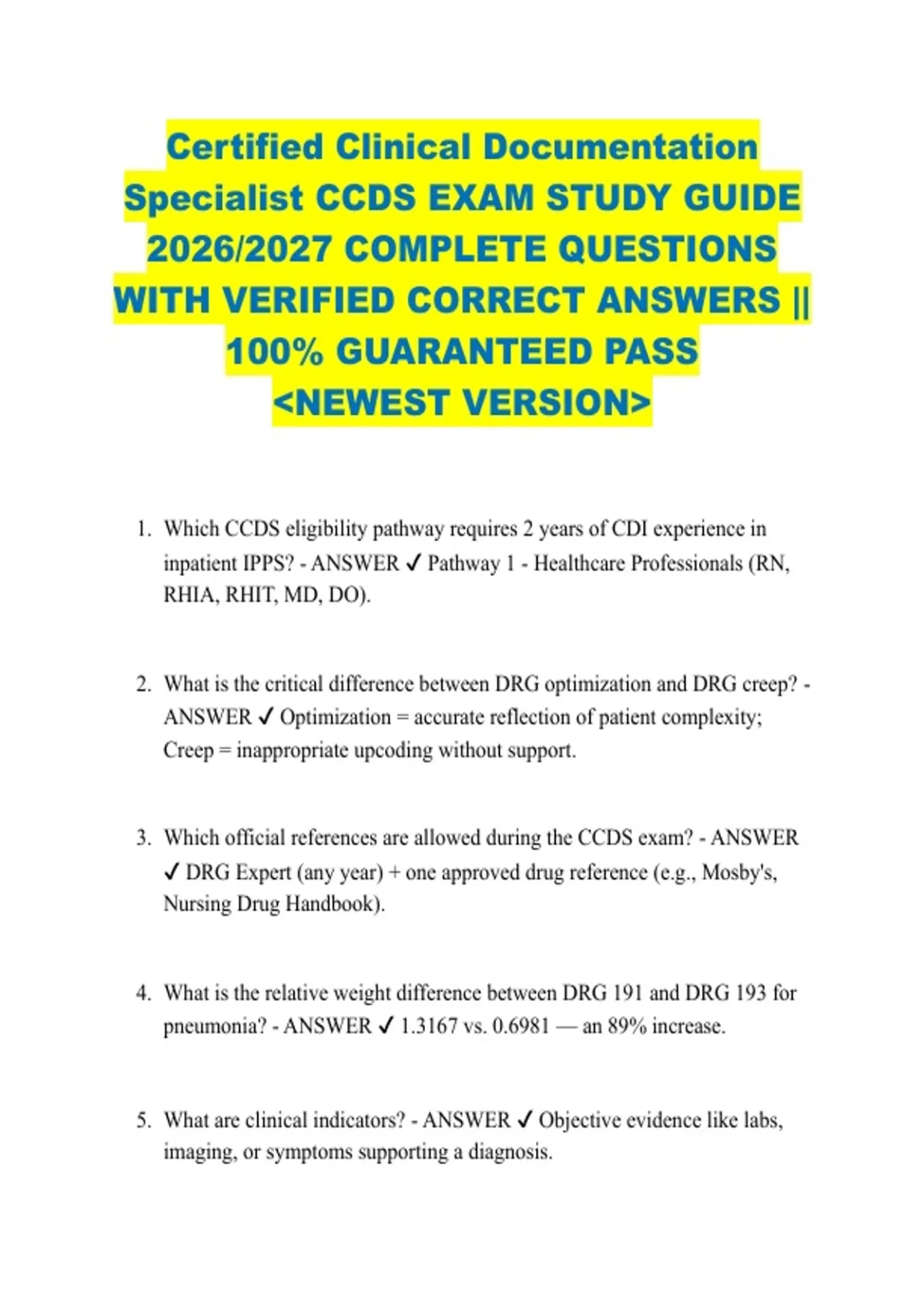 Certified Clinical Documentation Specialist CCDS EXAM STUDY GUIDE 2026/2027 COMPLETE QUESTIONS ...