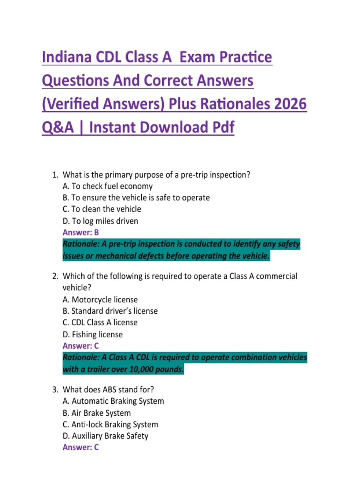 Indiana CDL Class A Exam Practice Questions And Correct Answers ...