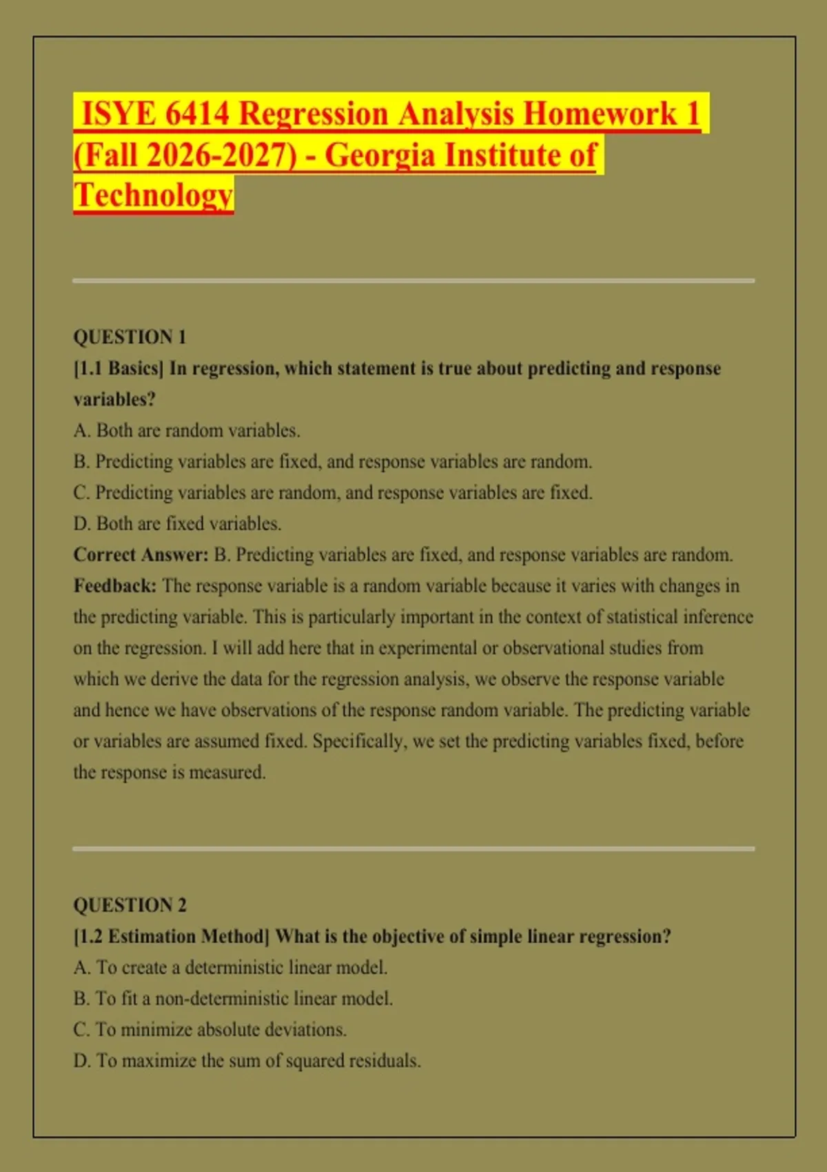 ISYE 6414 Regression Analysis Homework 1 (Fall ) - Georgia Tech ...