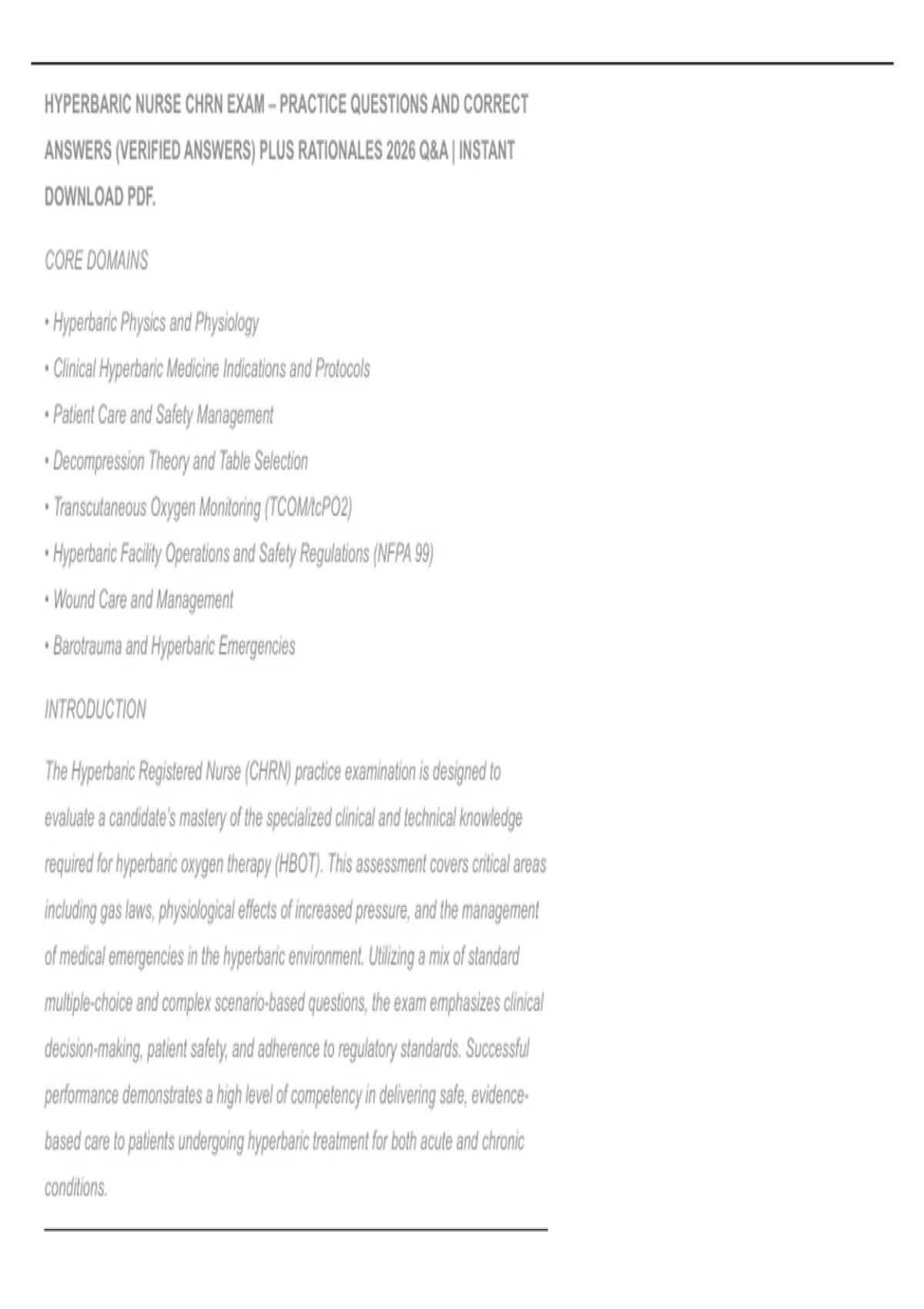 Chrn HYPERBARIC NURSE CHRN EXAM – PRACTICE QUESTIONS AND CORRECT ANSWERS ...
