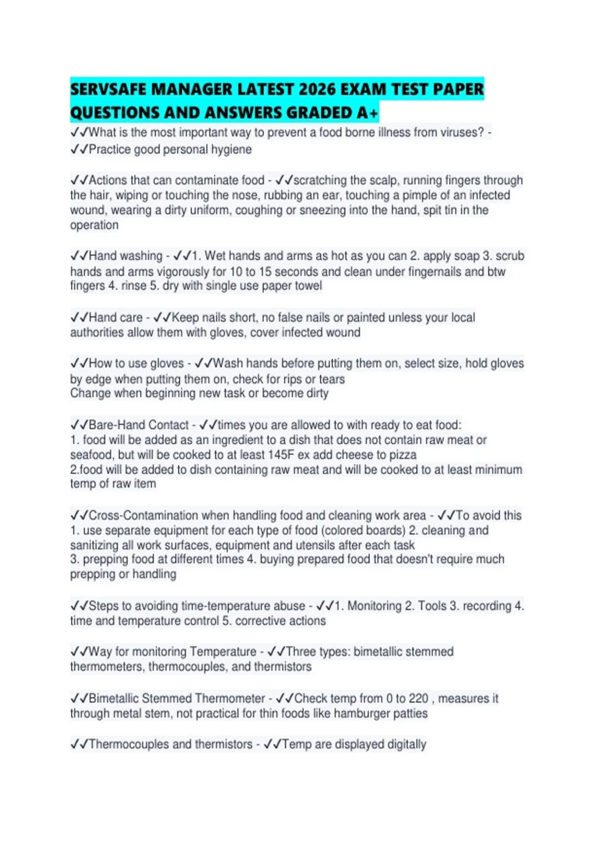 SERVSAFE MANAGER LATEST 2026 EXAM TEST PAPER QUESTIONS AND ANSWERS ...