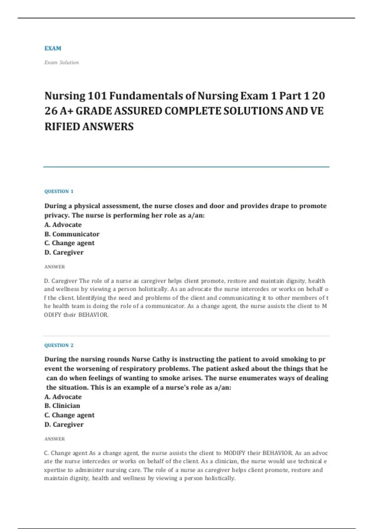 nursing fundamentals EXAM A+ GRADE ASSURED COMPLETE SOLUTIONS AND ...