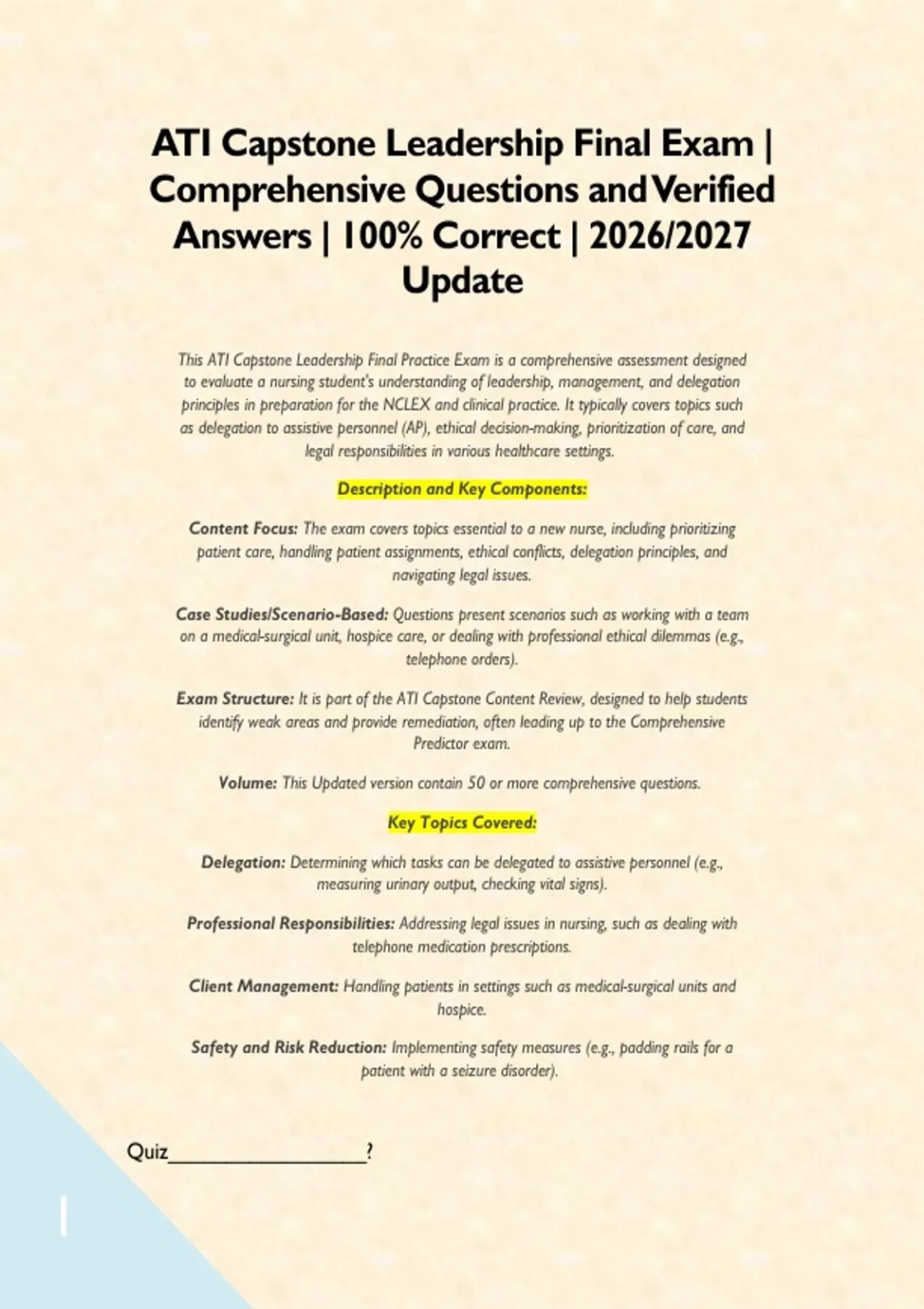 ATI Capstone Leadership Final Exam | Comprehensive Questions and ...