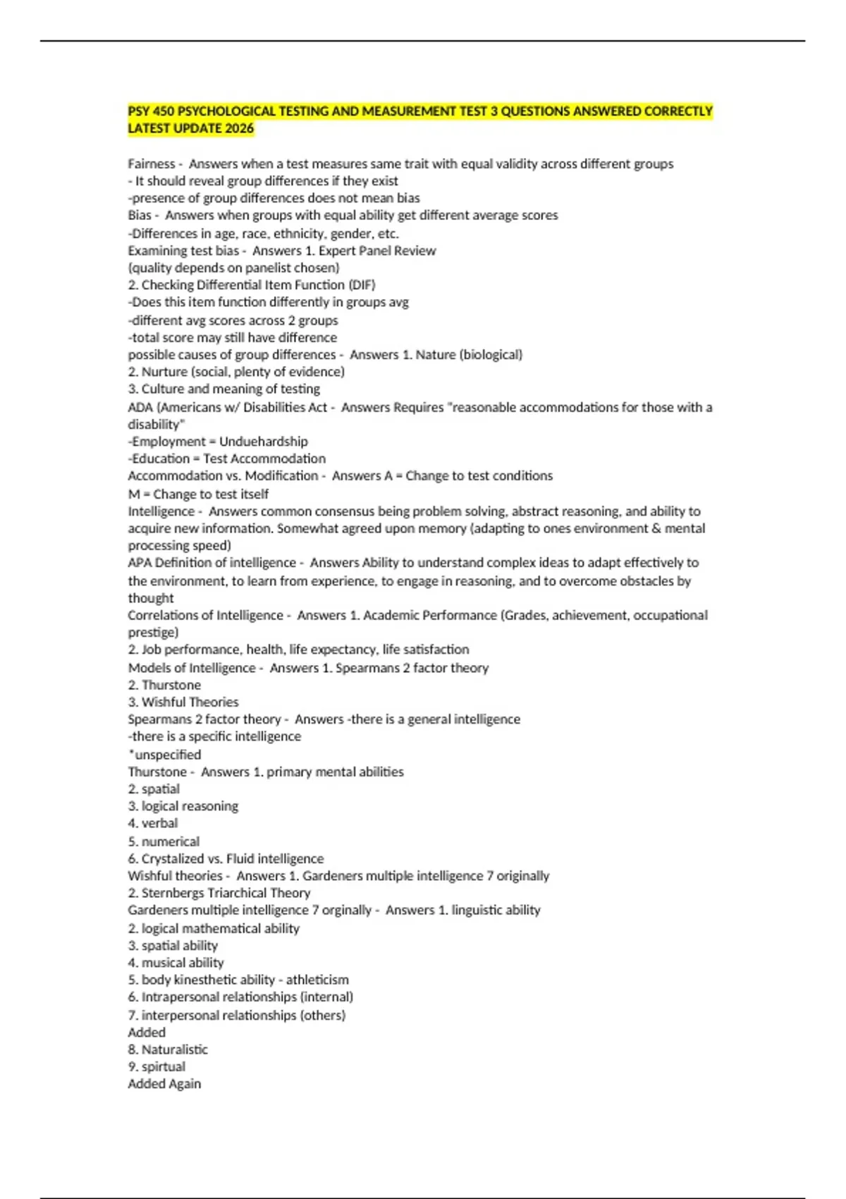 PSY 450 PSYCHOLOGICAL TESTING AND MEASUREMENT TEST 3 QUESTIONS ANSWERED ...