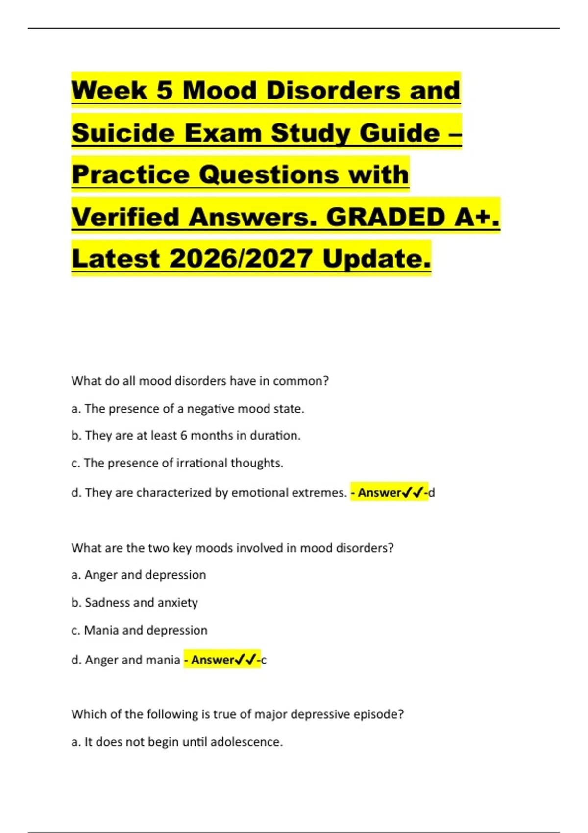 Week 5 Mood Disorders and Suicide Exam Study Guide – Practice Questions ...