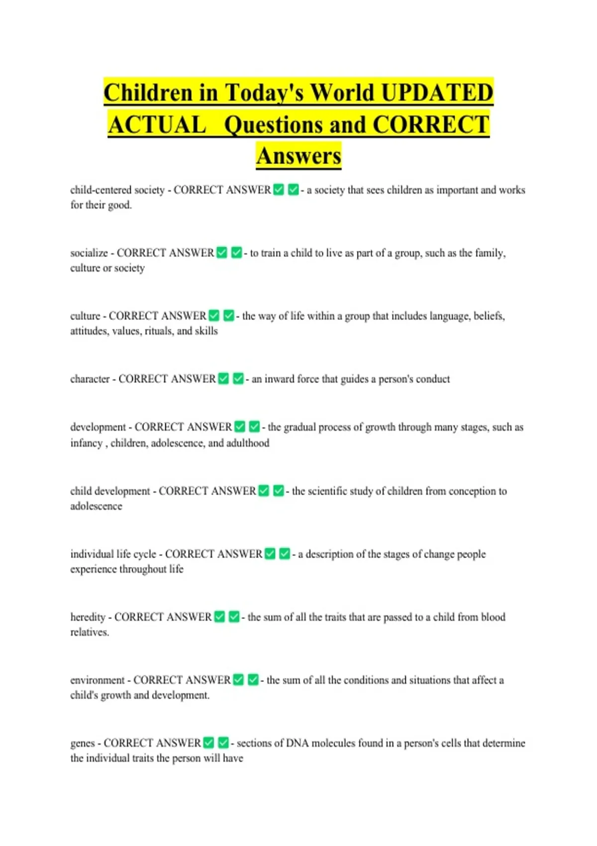 Children in Today's World UPDATED ACTUAL Questions and CORRECT Answers ...