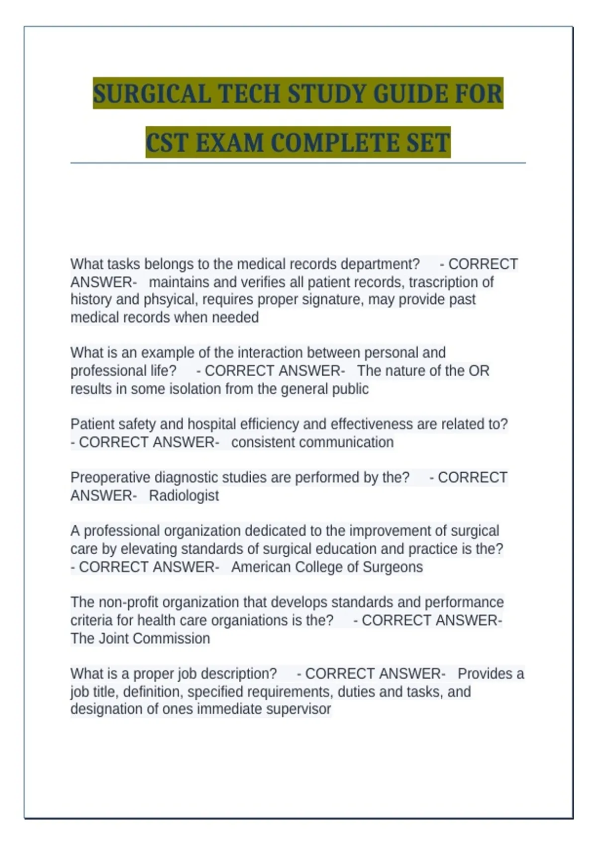 SURGICAL TECH STUDY GUIDE FOR CST EXAM COMPLETE SET - 4N051 SSgt ...