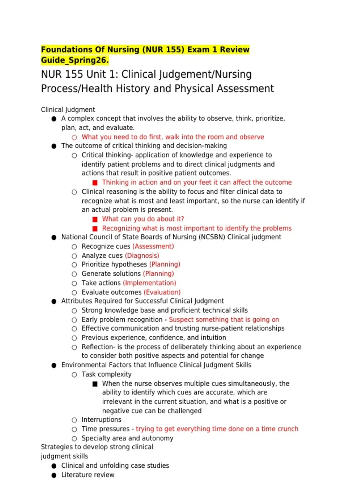 Exam 1 Review Guide: NUR 155/ NUR155 Foundations Of Nursing | complete ...