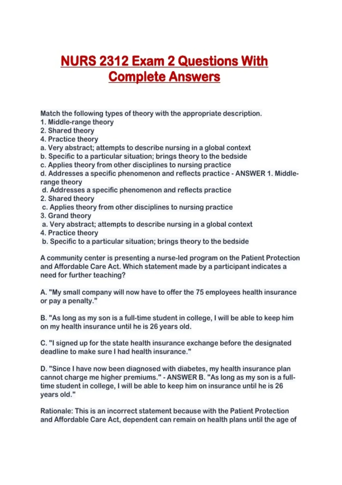 NURS 2312 Exam 2 Questions With Complete Answers - NURS 2312 - Stuvia US