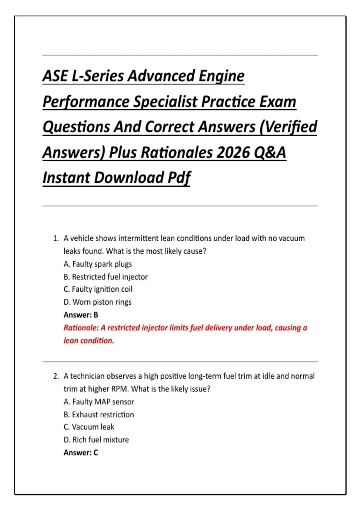 ASE L-Series Advanced Engine Performance Specialist Practice Exam ...