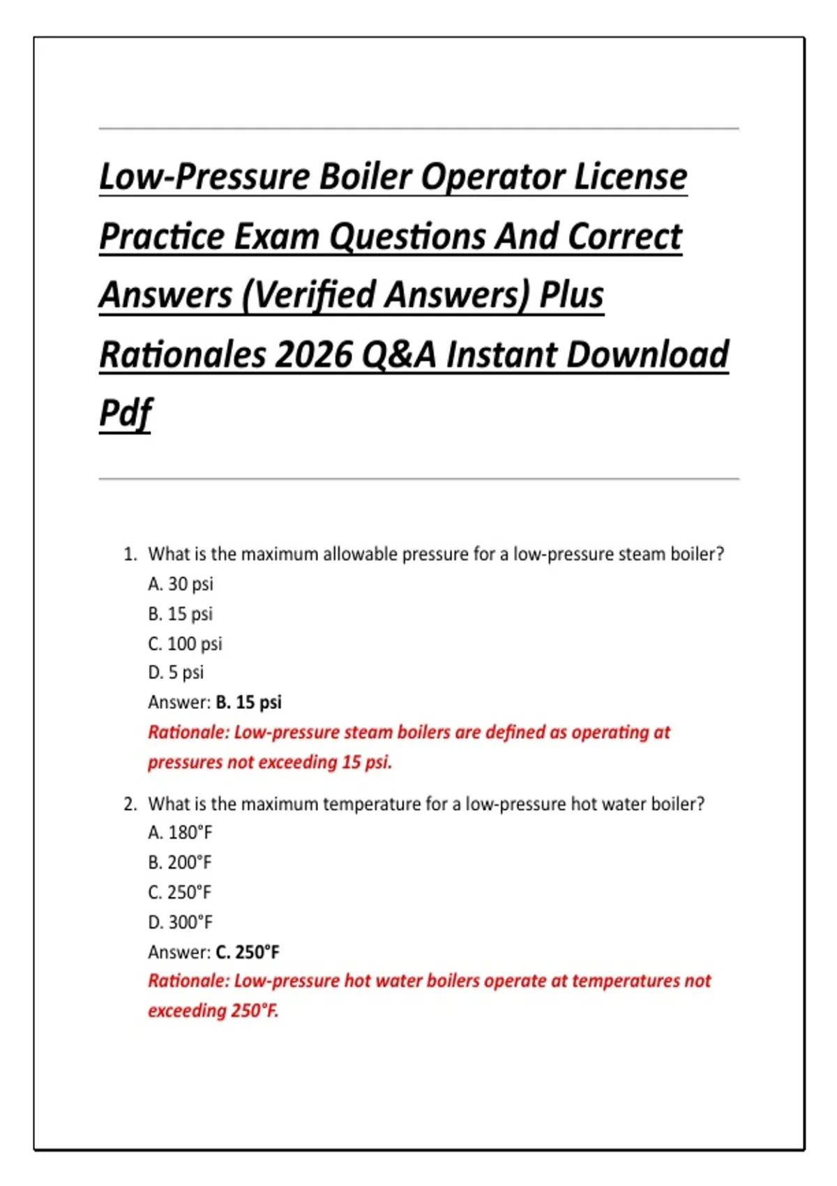 Low-Pressure Boiler Operator License Practice Exam Questions And Correct Answers (Verified ...