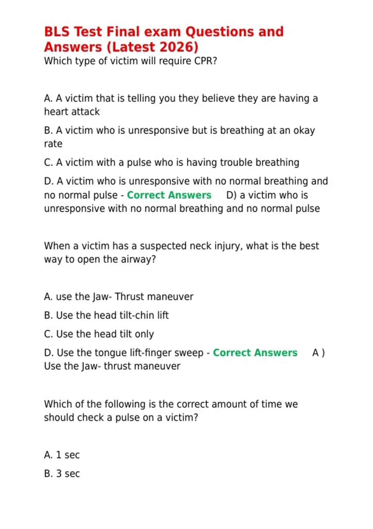 BLS Test Final exam Questions and Answers (Latest 2026). - BLS exm ...