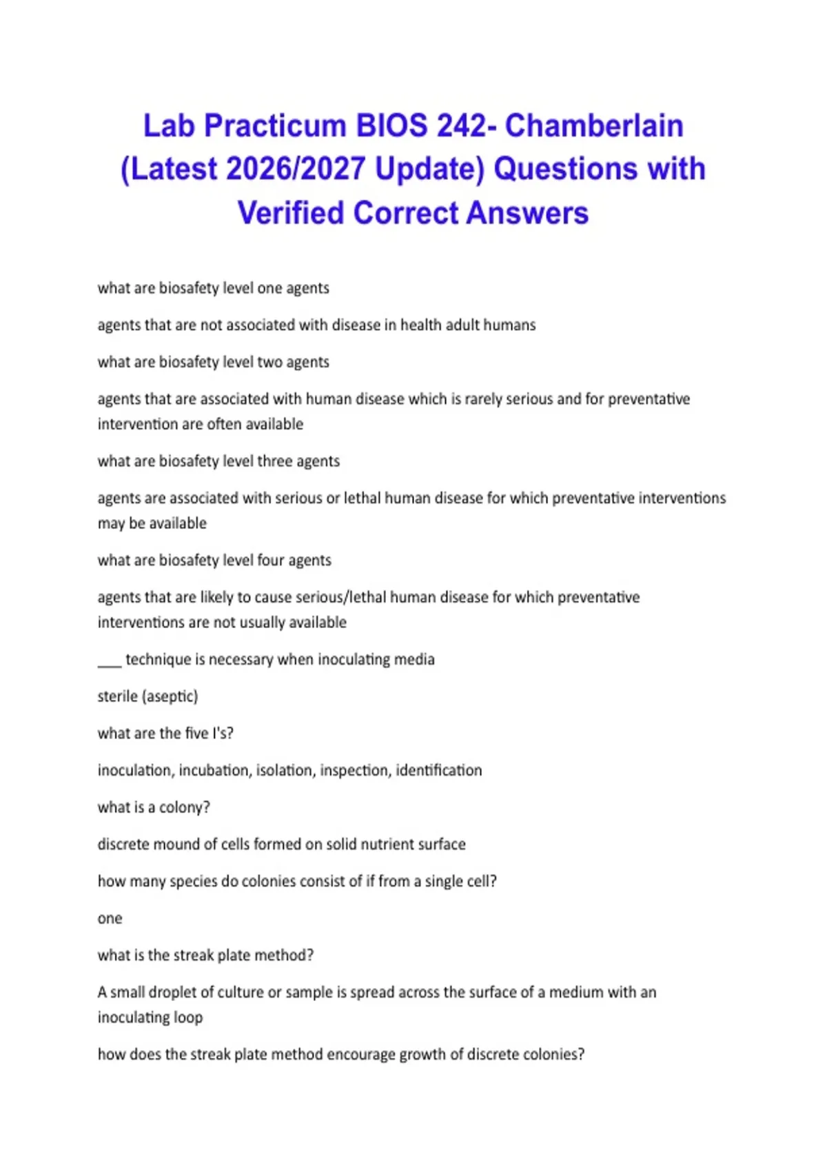 Lab Practicum BIOS 242- Chamberlain (Latest 2026/2027 Update) Questions ...
