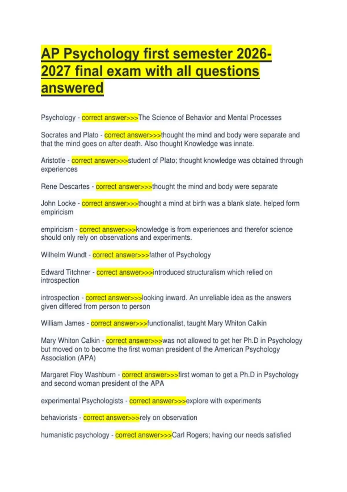 AP Psychology first semester final exam with all questions answered ...