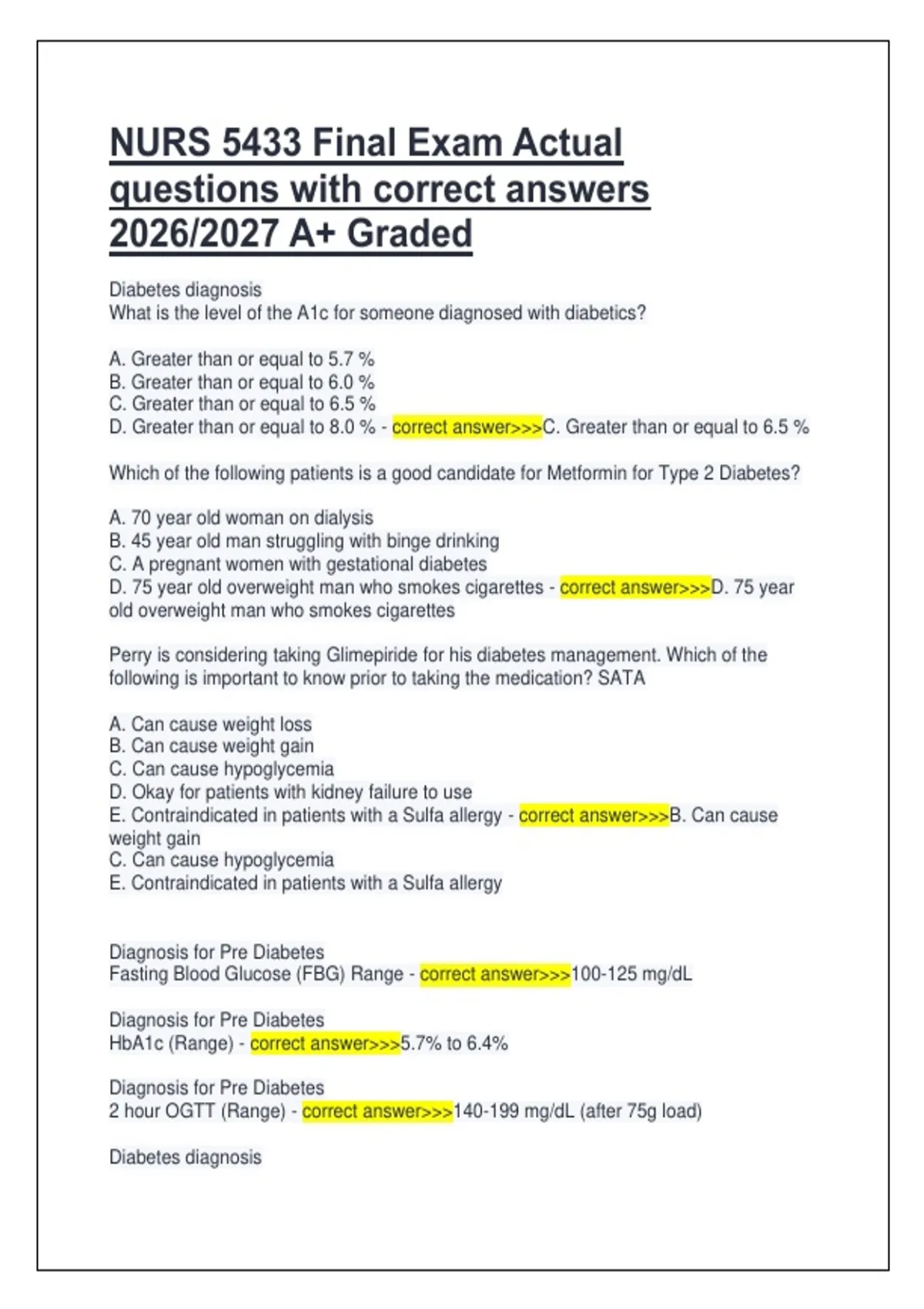NURS 5433 Final Exam Actual questions with correct answers 2026/2027 A+ ...