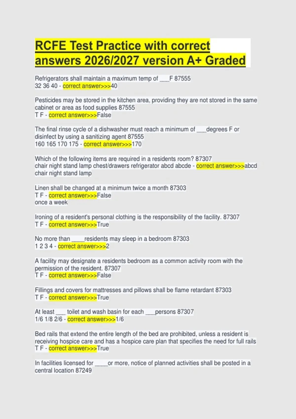 RCFE Test Practice with correct answers 2026/2027 version A+ Graded ...