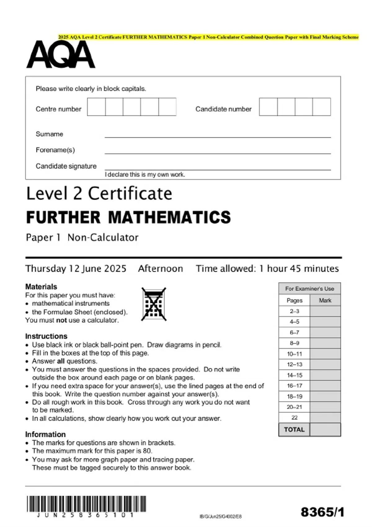 2025 AQA Level 2 Certificate FURTHER MATHEMATICS Paper 1 Non-Calculator ...