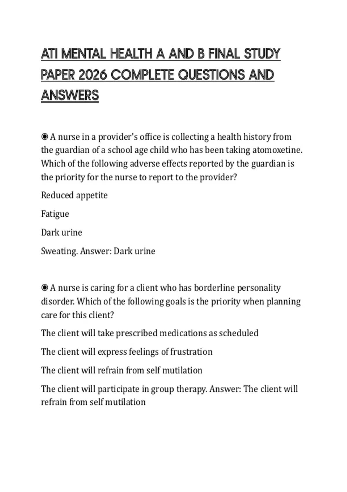 ATI MENTAL HEALTH A AND B FINAL STUDY PAPER 2026 COMPLETE QUESTIONS AND ...