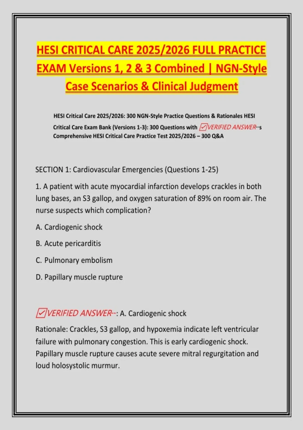 HESI CRITICAL CARE 2025/2026 FULL PRACTICE EXAM Versions 1, 2 & 3 ...