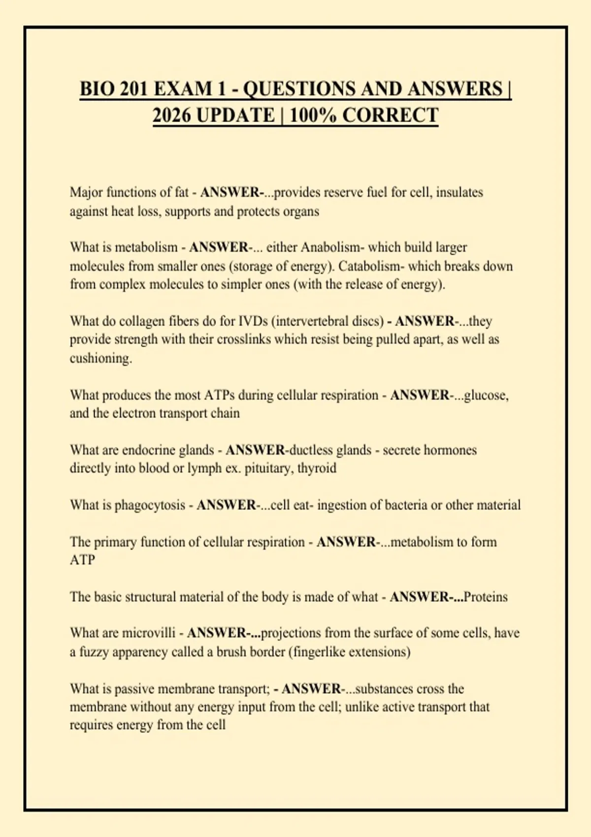 BIO 201 Exam 1 Study Guide 2025/2026: Practice Tests & Detailed Answers ...