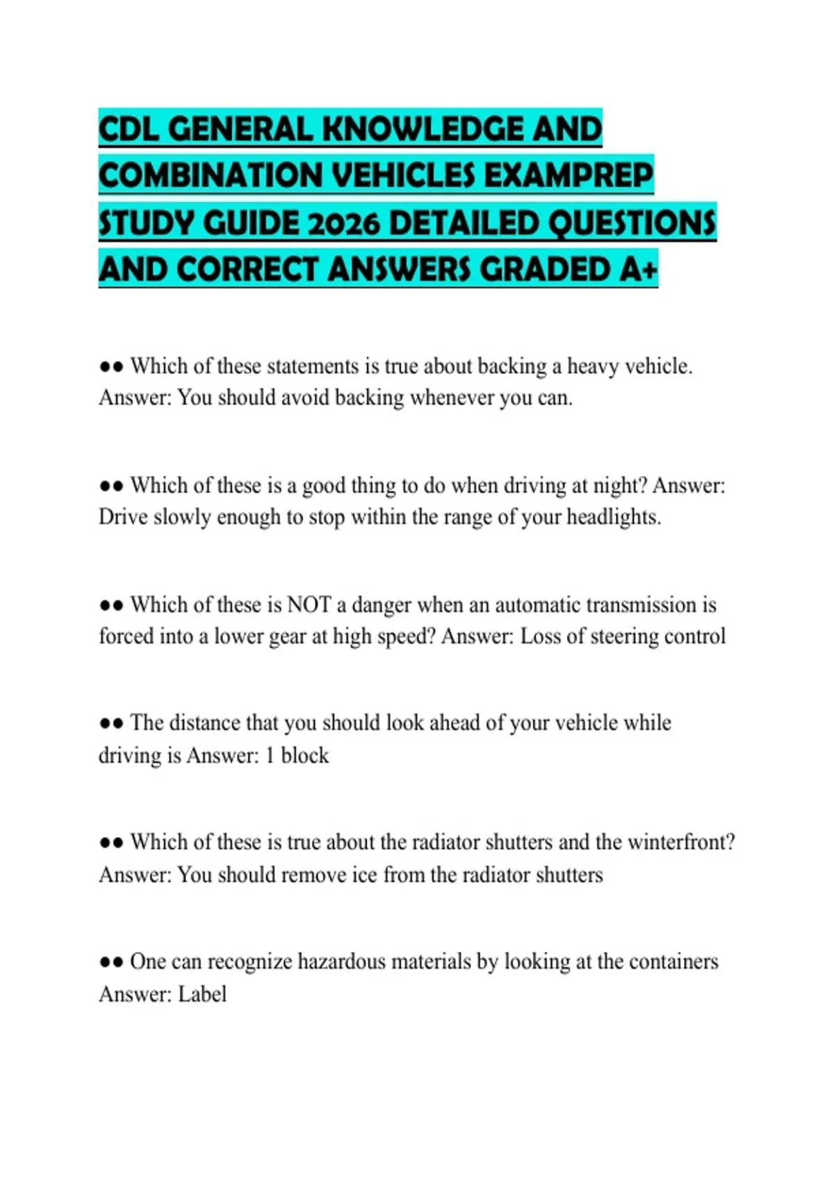 CDL GENERAL KNOWLEDGE AND COMBINATION VEHICLES EXAMPREP STUDY GUIDE ...
