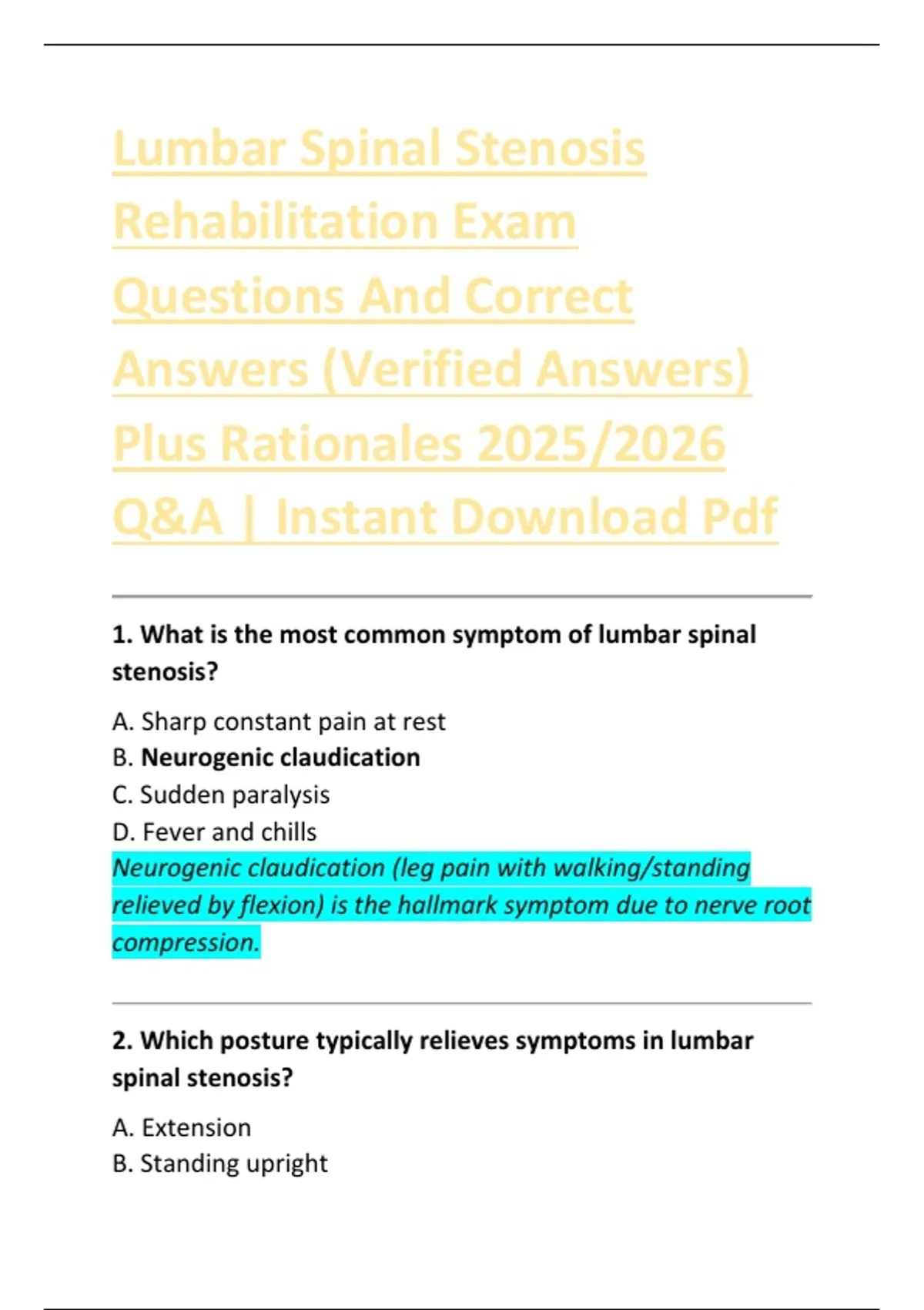 Lumbar Spinal Stenosis Rehabilitation Exam Questions And Correct ...