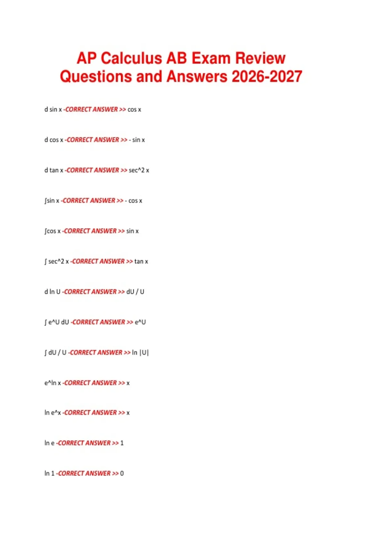 AP Calculus AB Exam Review Questions and Answers - AP - Stuvia US