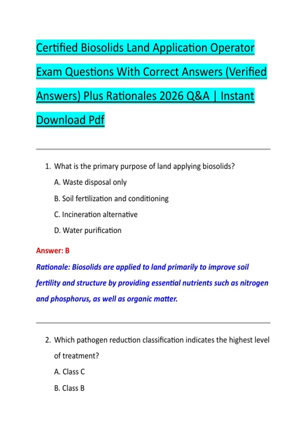 Land Operator Certified Biosolids Land Application Operator Exam Questions With ...