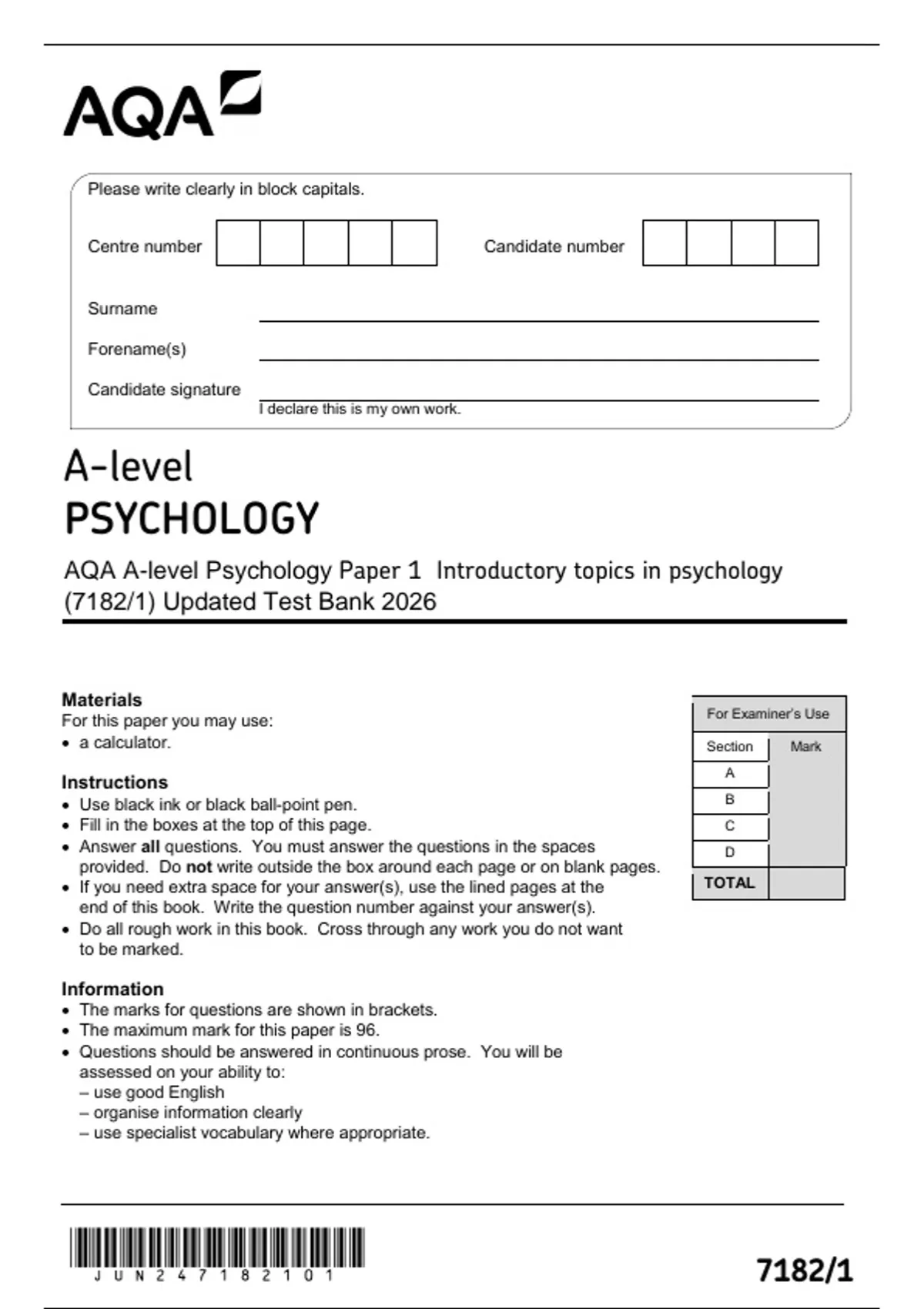 AQA A-level Psychology Paper 1 Introductory topics in psychology (7182/ ...