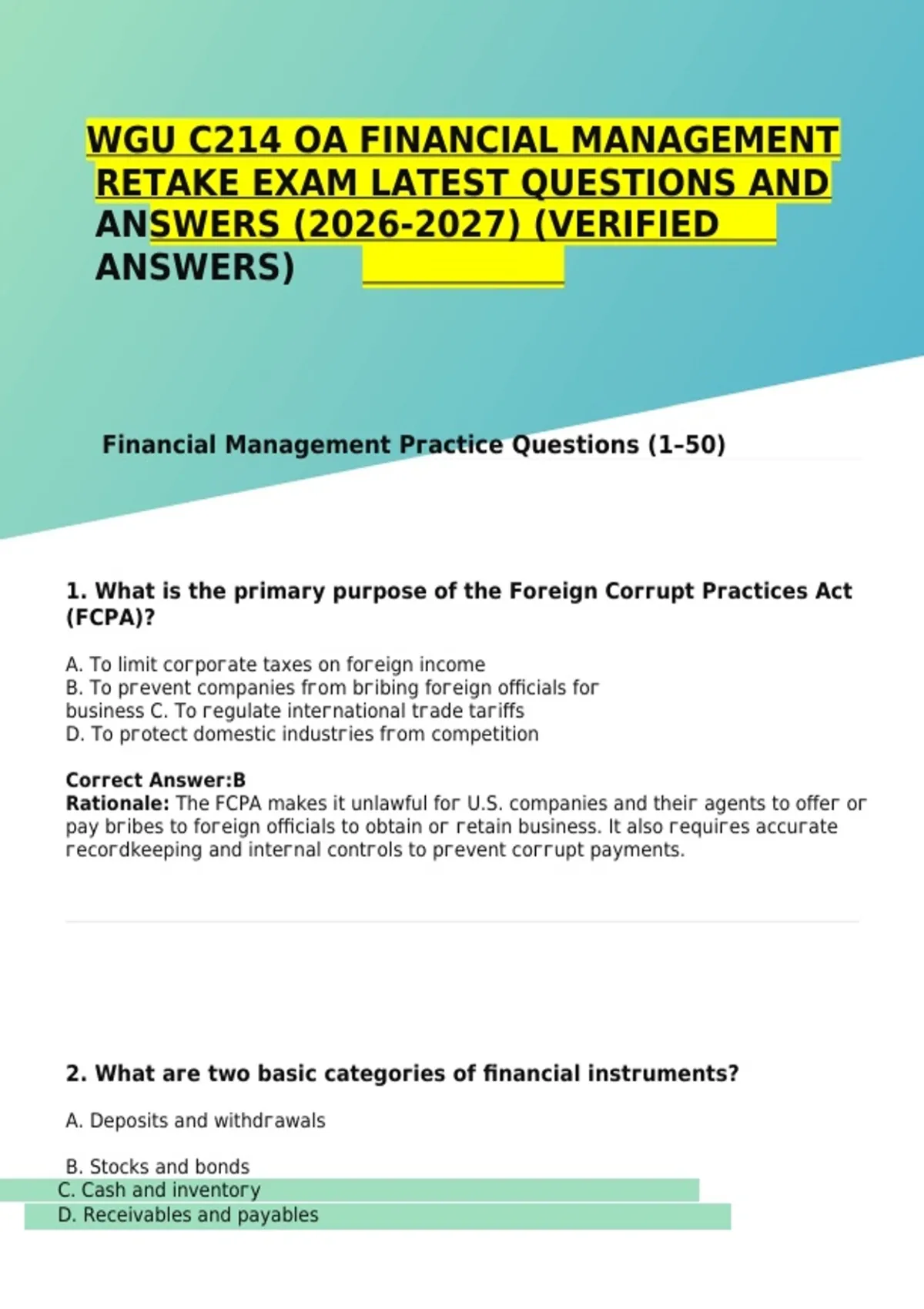 WGU C214 Financial Management OA Retake Study Guide Questions Answers ...